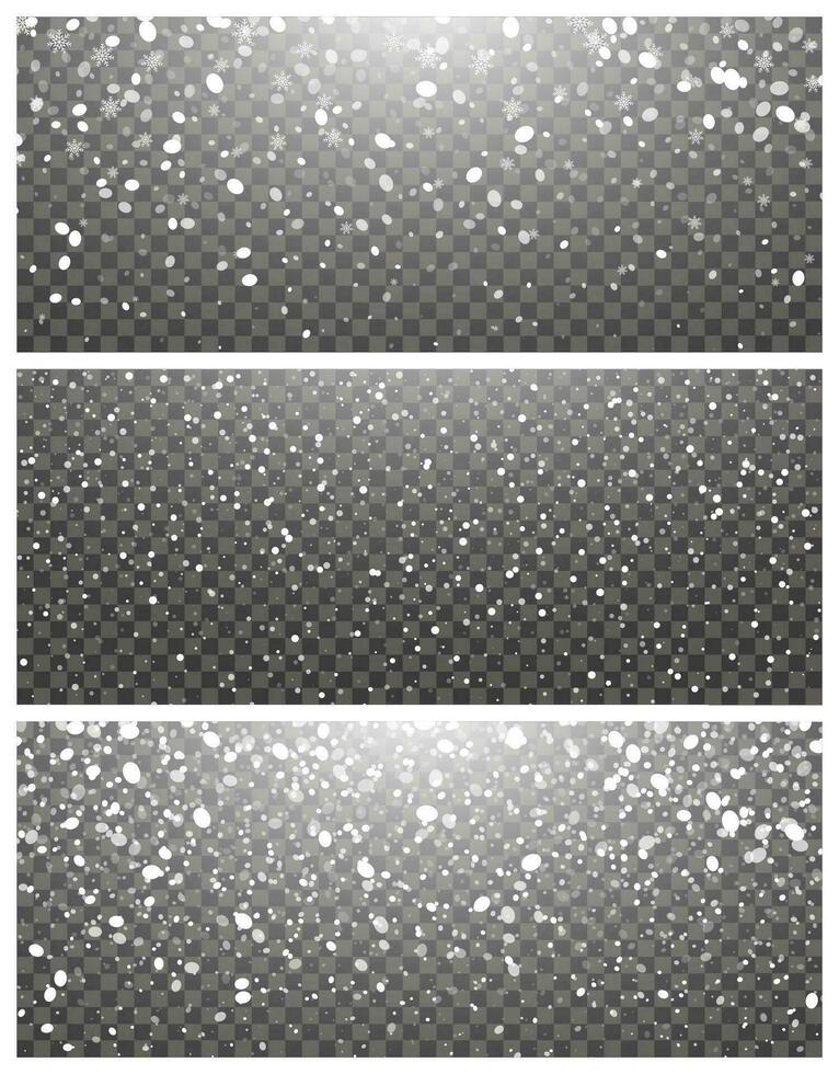 queda de neve e queda flocos de neve em fundo. conjunto do três cenários. branco flocos de neve e Natal neve. vetor ilustração