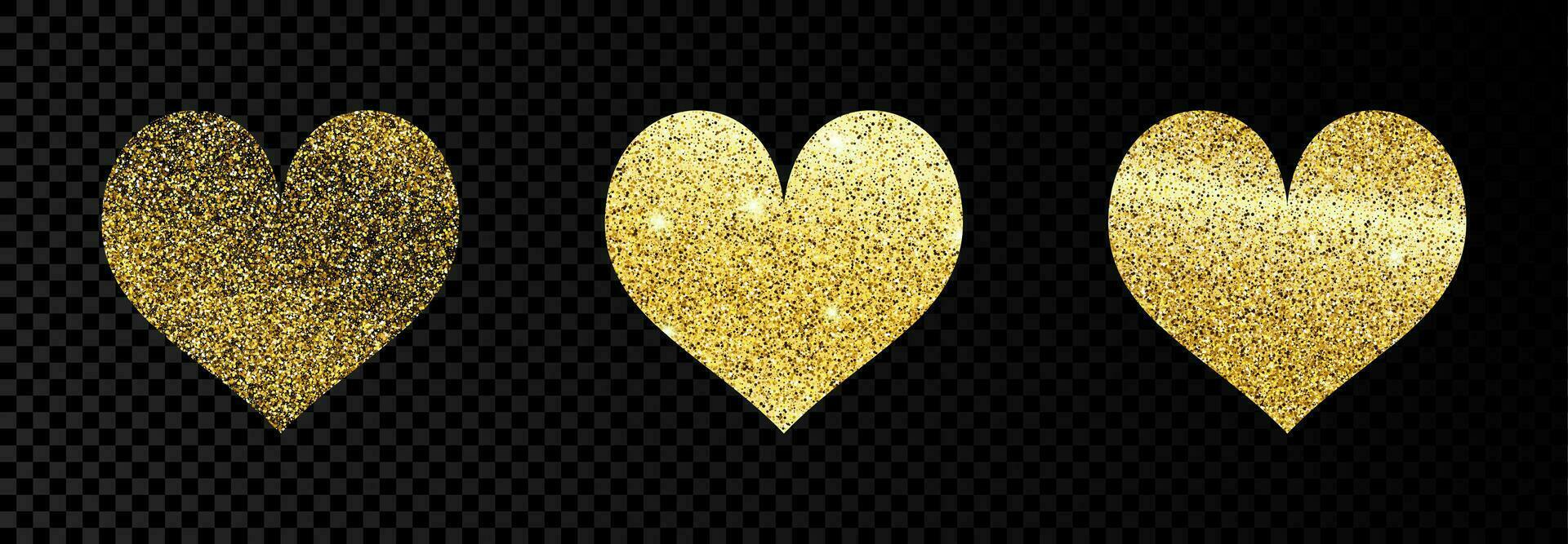 conjunto do três ouro cintilante corações em Sombrio fundo. fundo com ouro brilhos e brilhar efeito. vetor ilustração