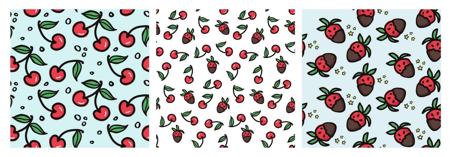 cereja e morango fruta desatado padronizar definir. verão bagas, frutas com folhas, vetor fundo. mão desenhado rabisco ilustração para cobrir, tecido, papel de parede textura