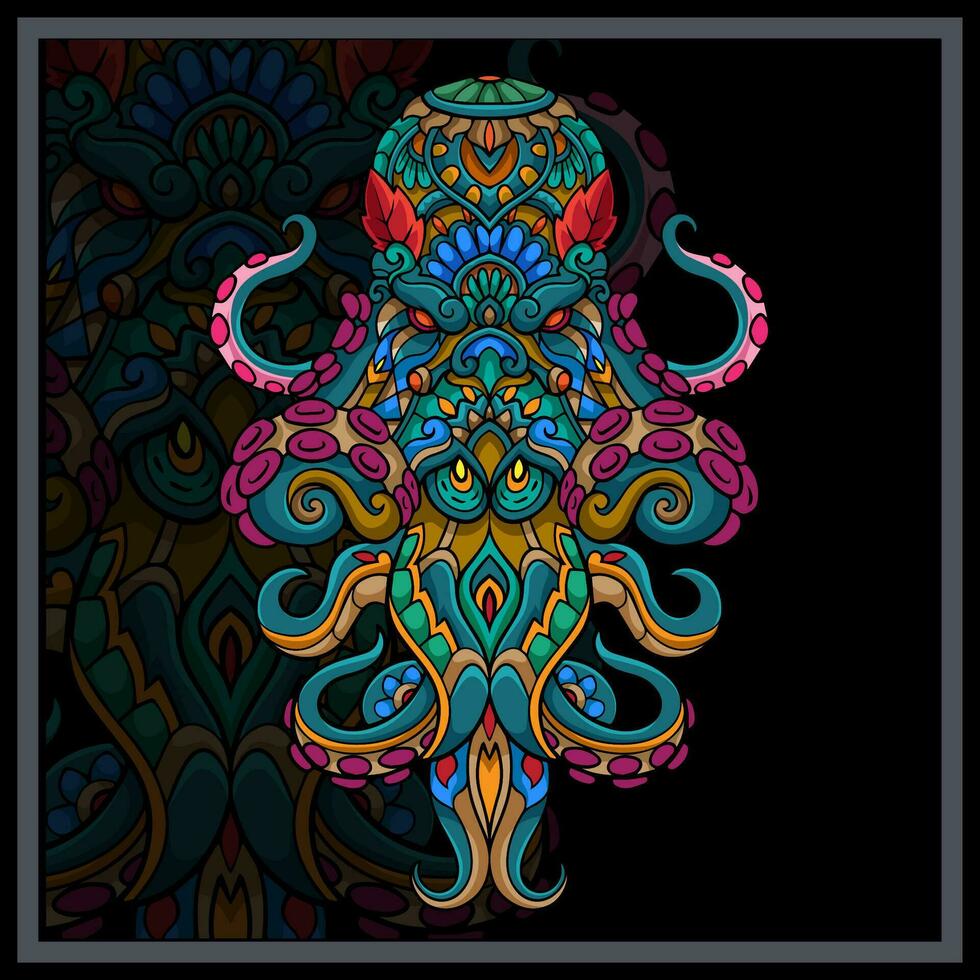 colorida polvo kraken mandala artes isolado em Preto fundo vetor