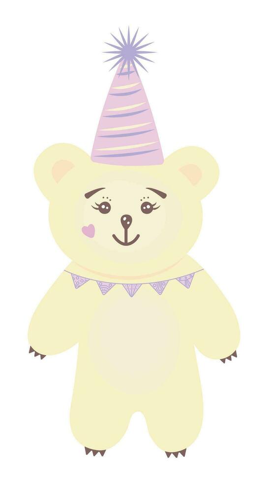 festivo fofa branco Urso com uma aniversário cone chapéu vetor