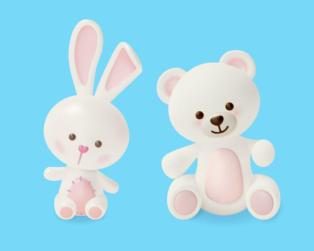 3d branco fofa Urso de pelúcia Urso e engraçado Coelho brinquedos desenho animado estilo. vetor