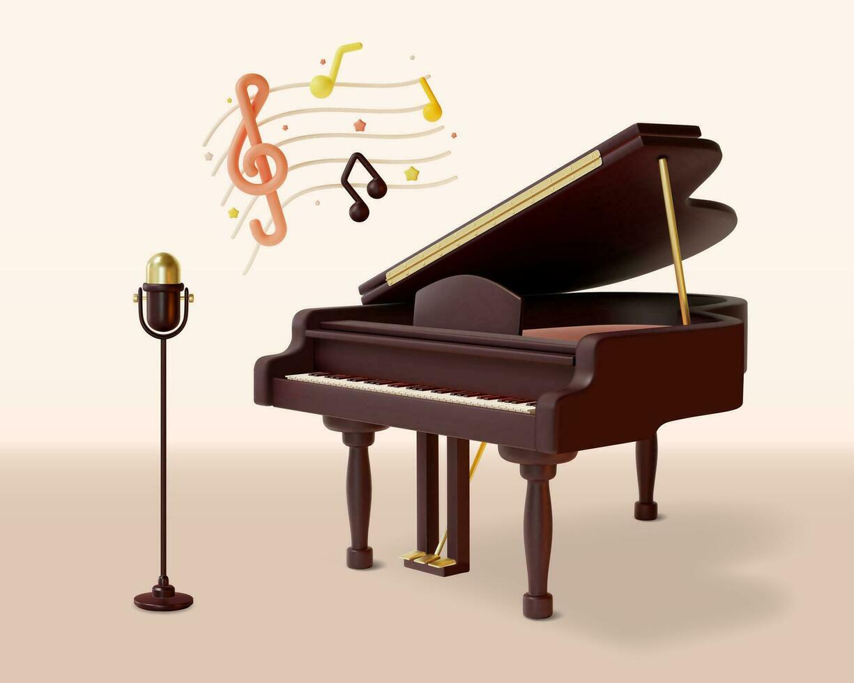 3d clássico grande piano e microfone desenho animado estilo. vetor