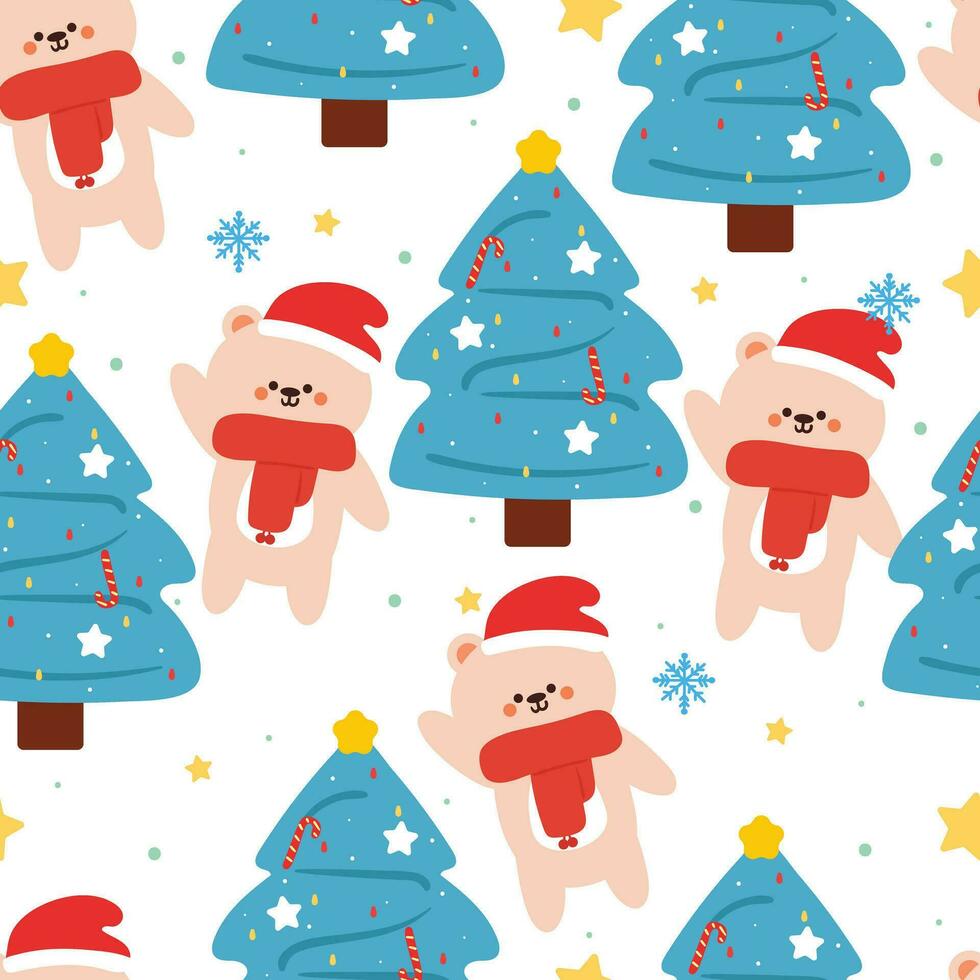 desatado padronizar desenho animado Urso com Natal árvore e Natal elemento. fofa Natal papel de parede para cartão, presente embrulho papel vetor