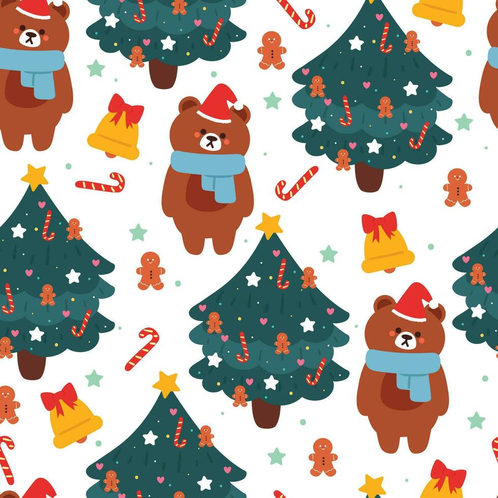 desatado padronizar desenho animado Urso com Natal árvore e Natal elemento. fofa Natal papel de parede para cartão, presente embrulho papel vetor