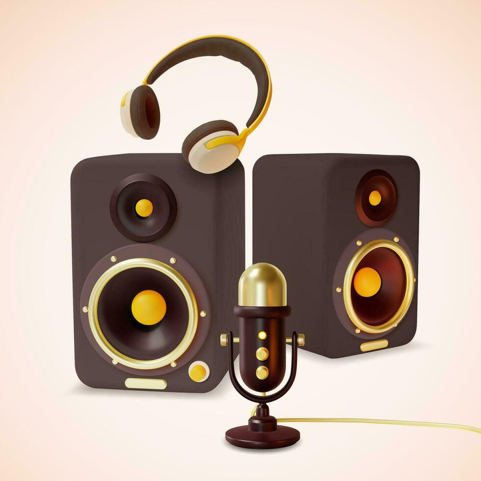 3d som caixas de som, fones de ouvido e microfone conjunto desenho animado estilo. vetor