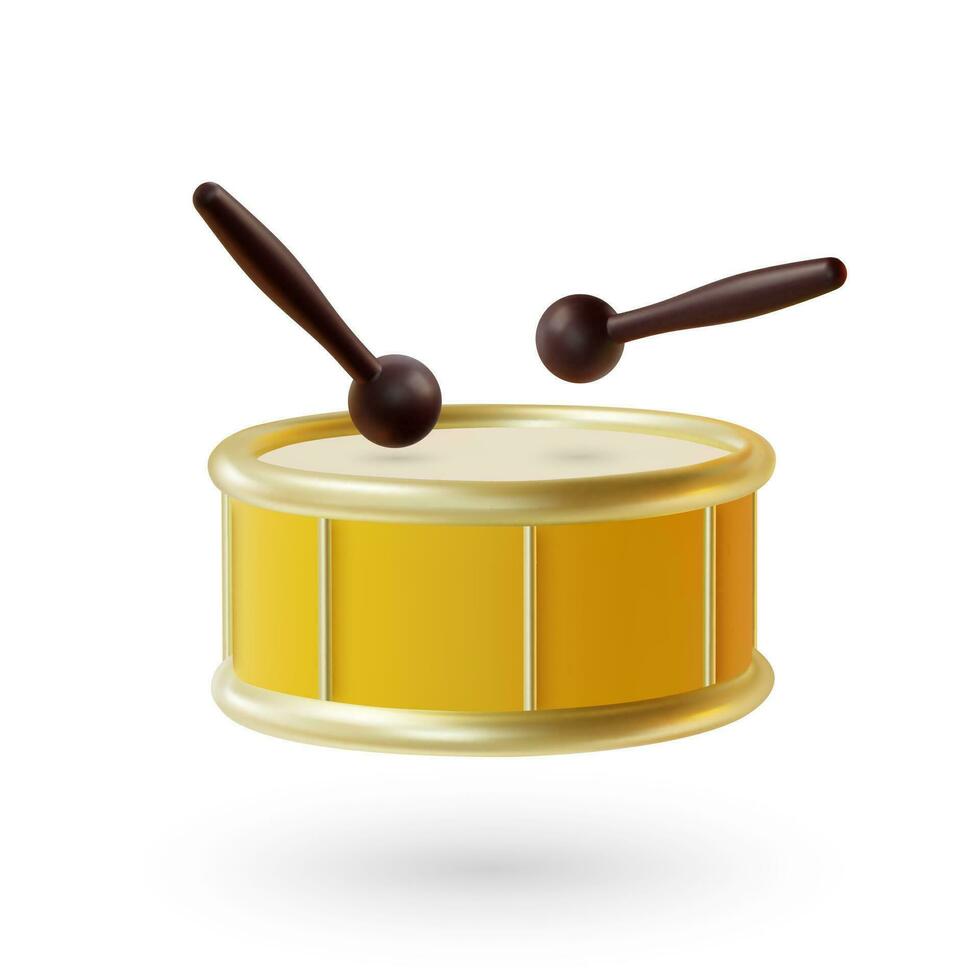 3d amarelo laço tambor com Preto de madeira Gravetos desenho animado estilo. vetor