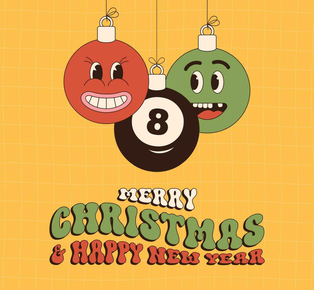 de bilhar alegre Natal e feliz Novo ano groovy Esportes cumprimento cartão. suspensão bola Como uma groovy Natal bola em vibrante fundo. vetor ilustração.