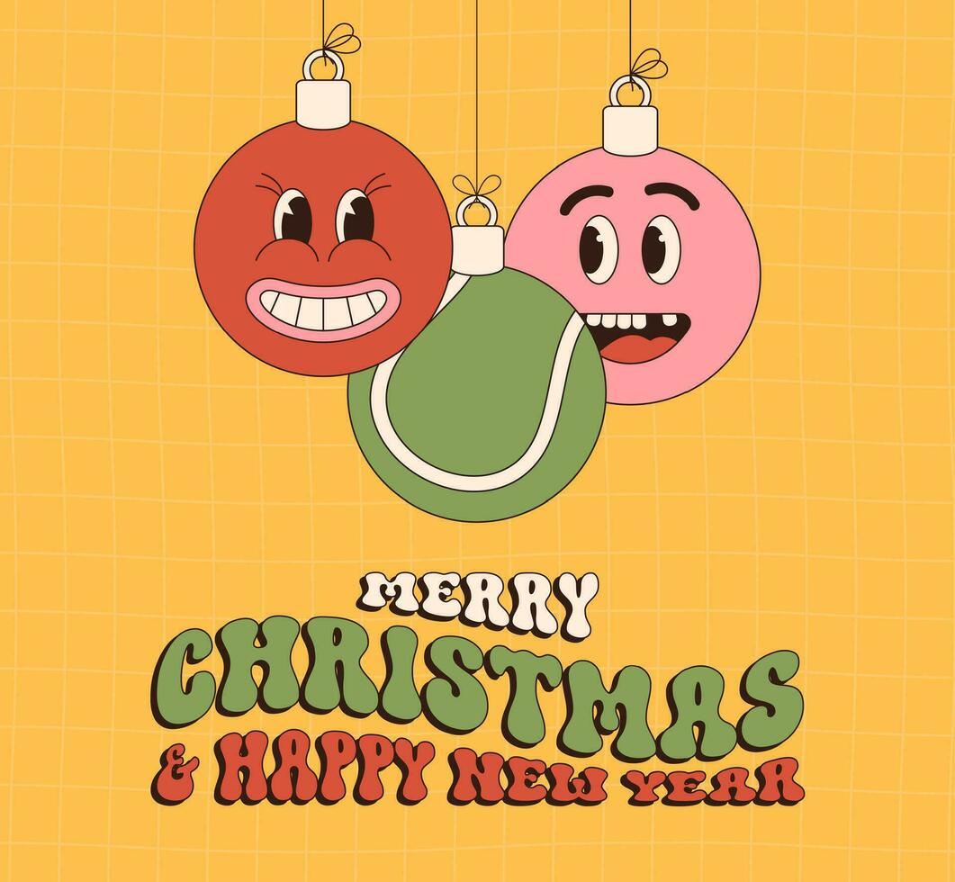 tênis alegre Natal e feliz Novo ano groovy Esportes cumprimento cartão. suspensão bola Como uma groovy Natal bola em vibrante fundo. vetor ilustração.