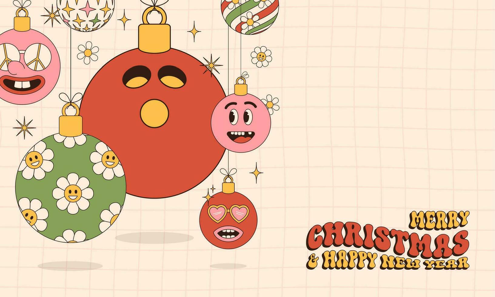 boliche alegre Natal e feliz Novo ano groovy Esportes cumprimento cartão. suspensão bola Como uma groovy Natal bola em vibrante fundo. vetor ilustração.