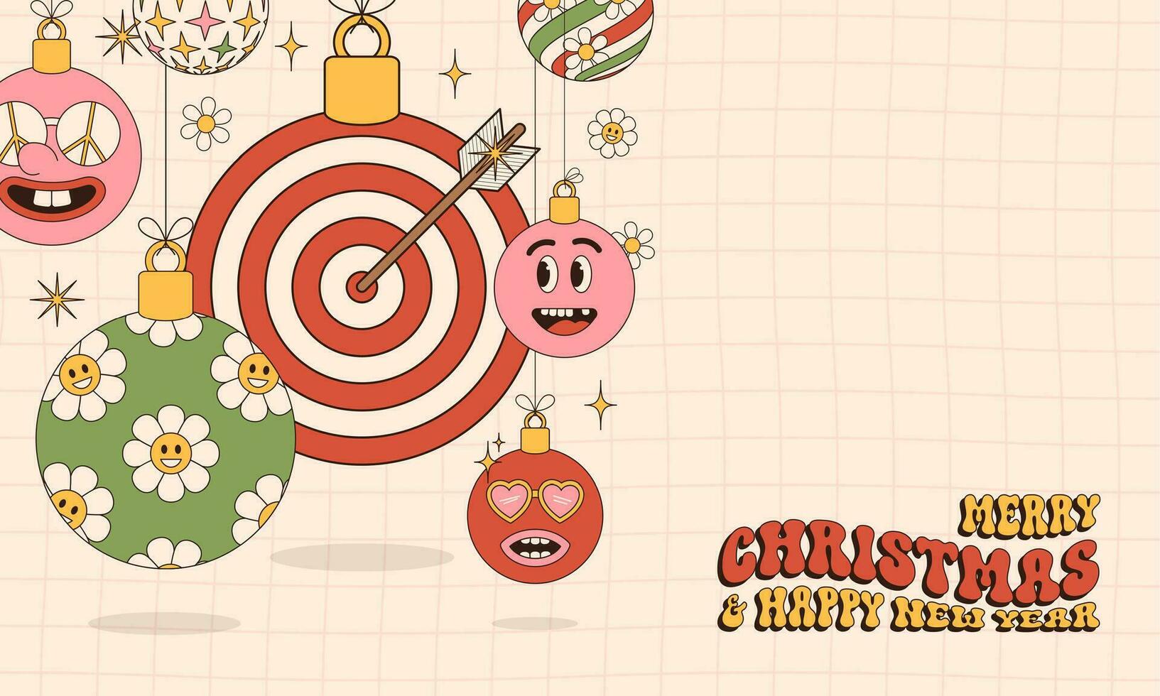 alvo alegre Natal e feliz Novo ano groovy Esportes cumprimento cartão. suspensão bola Como uma groovy Natal bola em vibrante fundo. vetor ilustração.