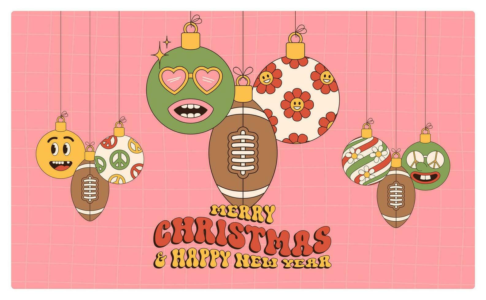 rúgbi alegre Natal e feliz Novo ano groovy Esportes cumprimento cartão. suspensão bola Como uma groovy Natal bola em vibrante fundo. vetor ilustração.