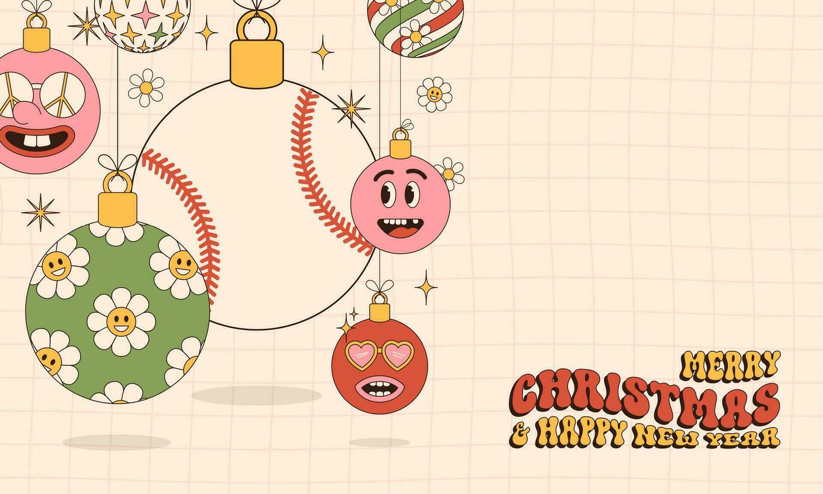 beisebol alegre Natal e feliz Novo ano groovy Esportes cumprimento cartão. suspensão bola Como uma groovy Natal bola em vibrante fundo. vetor ilustração.