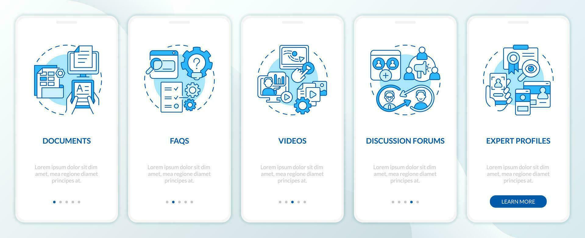 2d azul linha ícones representando conhecimento gestão Móvel aplicativo tela definir. 5 passos gráfico instruções, interface do usuário, ux, gui modelo. vetor