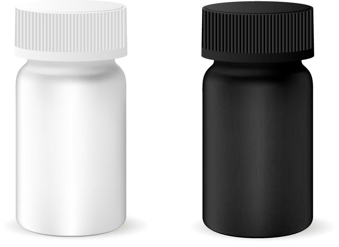 farmacêutico droga garrafa para pílulas, cápsulas. Preto e branco recipiente zombar acima. 3d vetor ilustração.