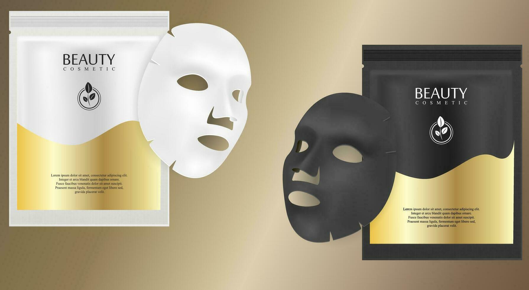 Preto e branco facial Cosmético mascarar Publicidades. realista vetor ilustração. Individual sachê pacote Projeto com rótulo e logotipo para face mascarar isolado em metálico fundo.