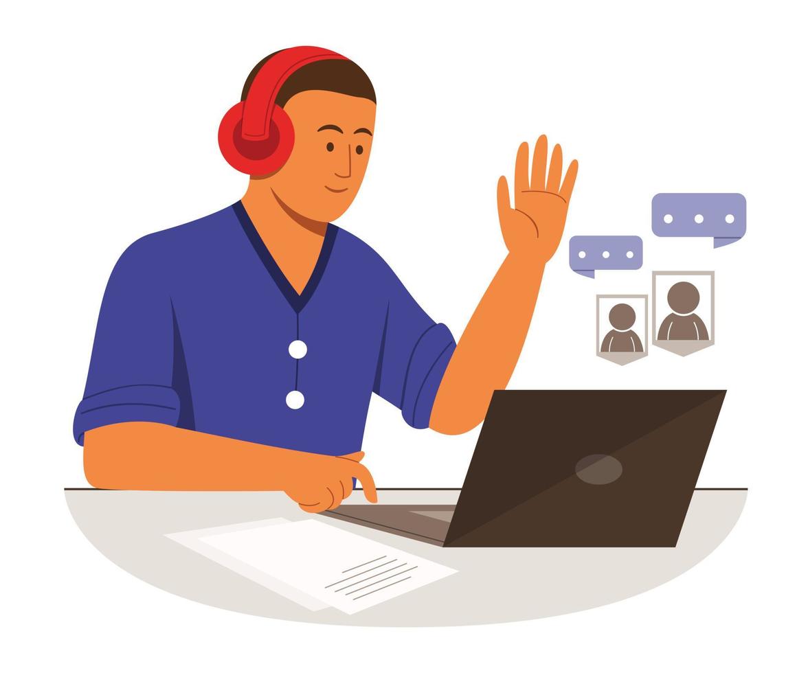 freelance man está online, trabalhando com laptop e ouvindo em fones de ouvido. vetor