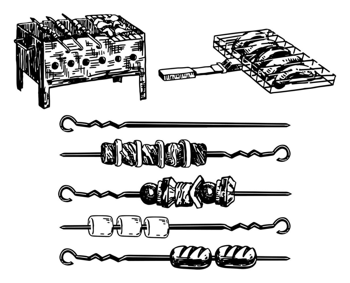 churrasco esboços coleção. desenhos do grade, espetos, eu no. mão desenhado vetor ilustrações. cliparts conjunto isolado em branco fundo.