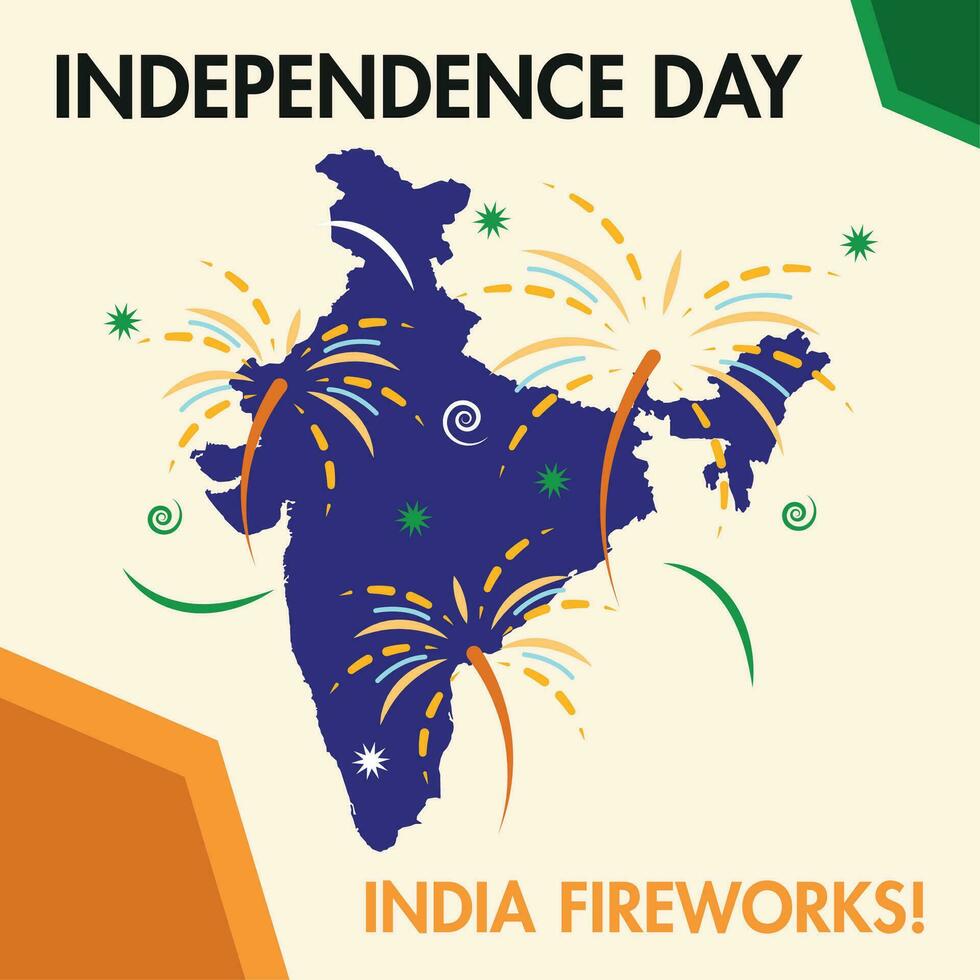 feliz Índia independência dia poster com uma mapa do Índia e fogos de artifício vetor