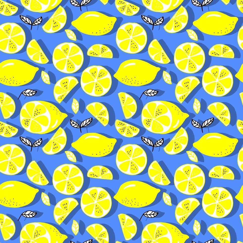 Limões de padrão sem emenda de vetor e limões fatiados em um fundo. padrão de limão de verão para plano de fundo, tecido, papel, matéria têxtil, convites, páginas da web.