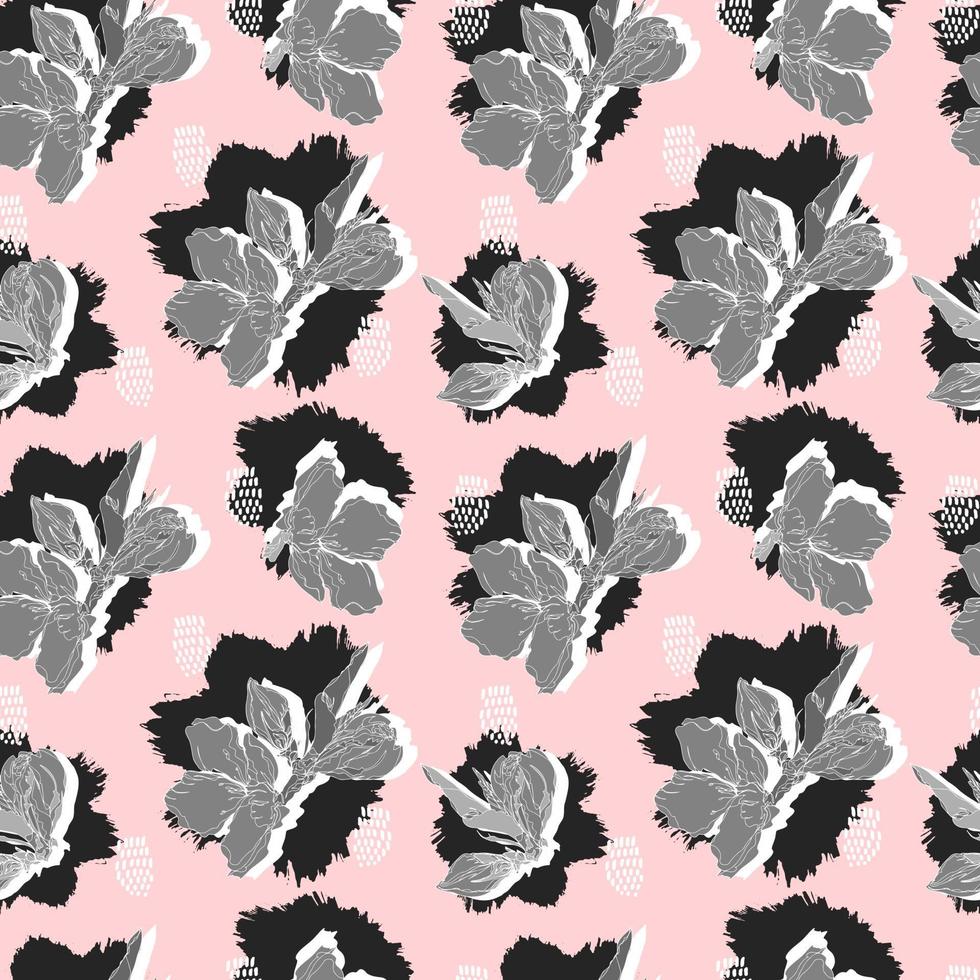 Vector seamless pattern contorno floral com folhas abertas e botões em um fundo contrastante com pontos. ilustração botânica para tecidos, têxteis, papéis de parede, papéis, planos de fundo.