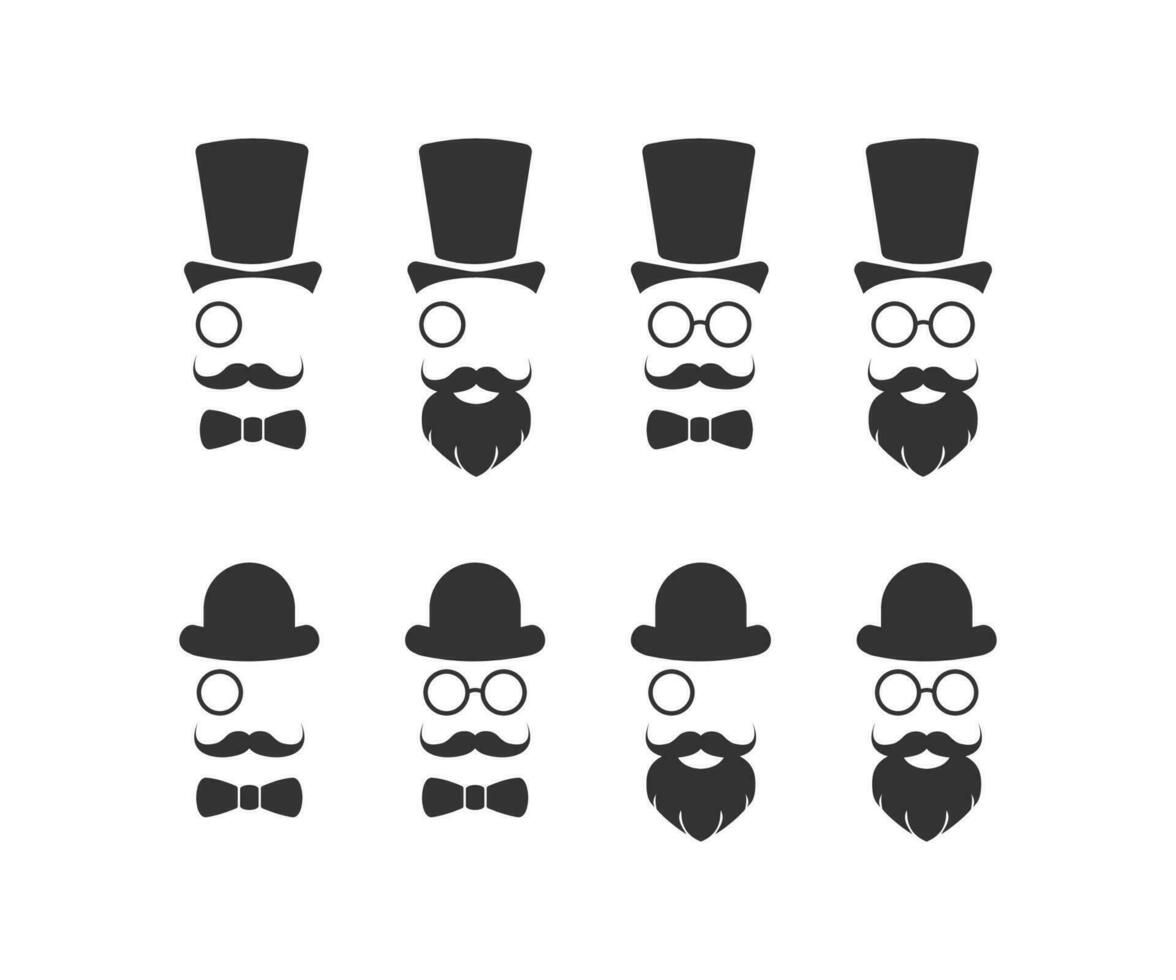 cavalheiro ícone definir. chapéu, topo chapéu, copos, ocular, bigode, barba, borboleta símbolo. placa senhor vetor plano.