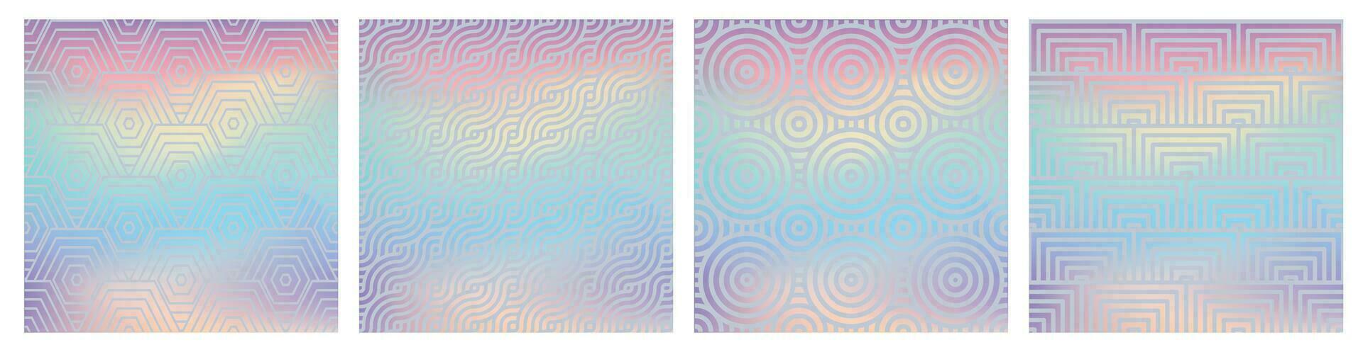 conjunto do geométrico desatado padrões em holográfico néon. brilhante holograma textura. frustrar padronizar. metálico gradiente. vetor