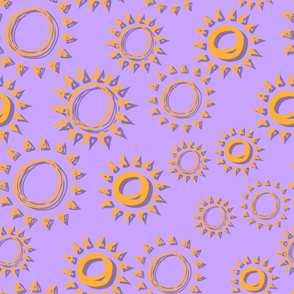 vetor sem costura padrão sol simples linhas desenhadas à mão, doodle de amarelo com sombra, raio laranja ou explosão de sol para banner, plano de fundo, papel de parede, capa etc.