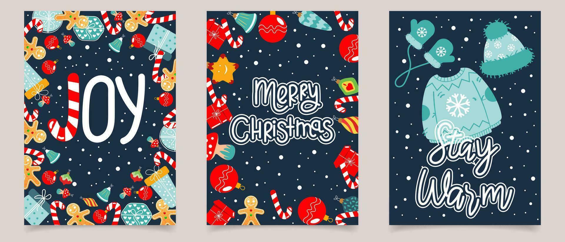 conjunto do Natal cartões com letras decorado com brinquedos, Natal doces, presentes e flocos de neve. conjunto do feriado fundos. cartazes. vetor