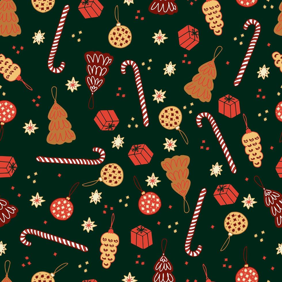 biscoitos de gengibre de Natal e bolos em forma de pinheiros e bolas de Natal pirulitos listrados, bastões e estrelas vetor padrão sem emenda. doces isolados para o ano novo. fundo de inverno