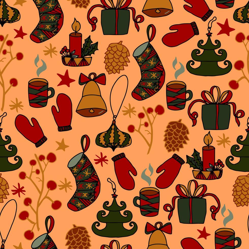 Natal e ano novo doodles vetor padrão sem emenda. fundo de inverno para embalagens, parabéns e convites