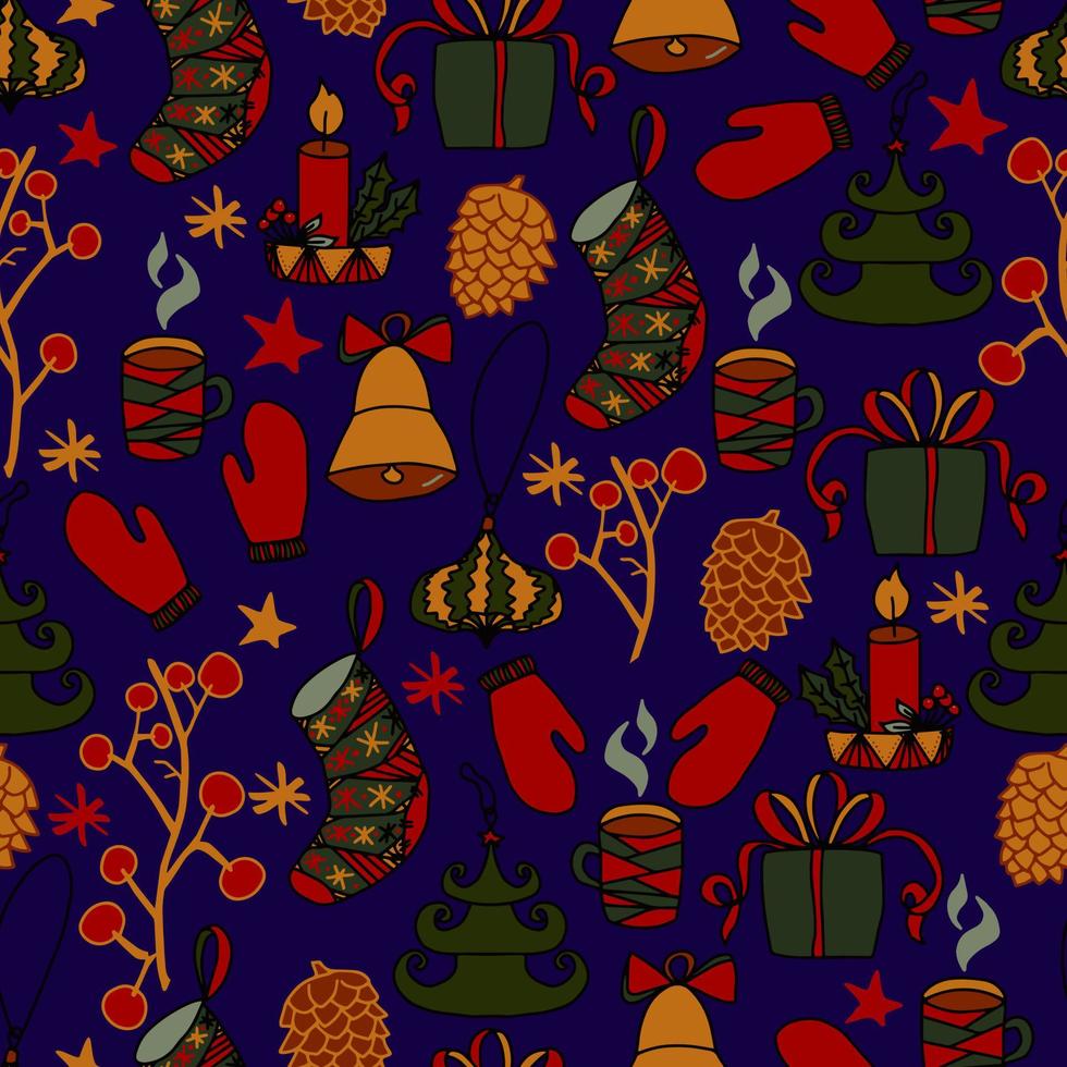 Natal e ano novo doodles vetor padrão sem emenda. fundo de inverno para embalagens, parabéns e convites