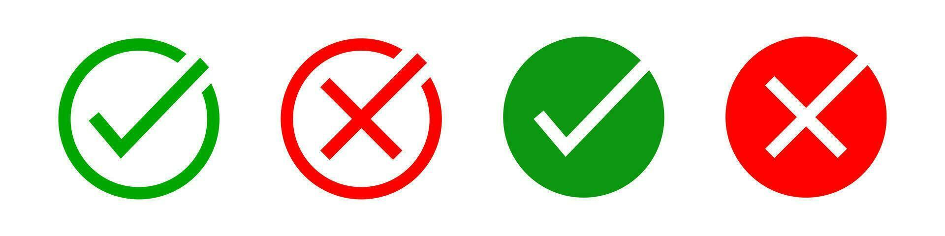 verde Verifica marca, vermelho Cruz marca ícone. positivo e negativo escolha símbolo. placa aplicativo botão vetor. vetor