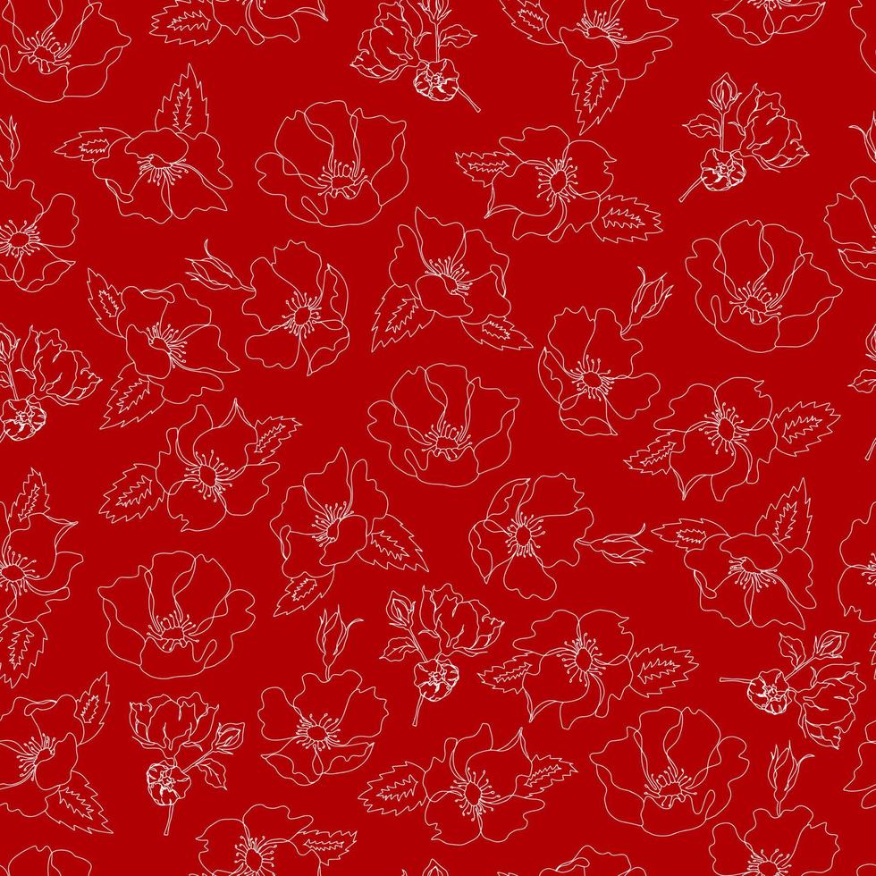 Vector seamless pattern contorno floral com folhas abertas e botões em um fundo contrastante. ilustração botânica para tecidos, têxteis, papéis de parede, papéis, planos de fundo.