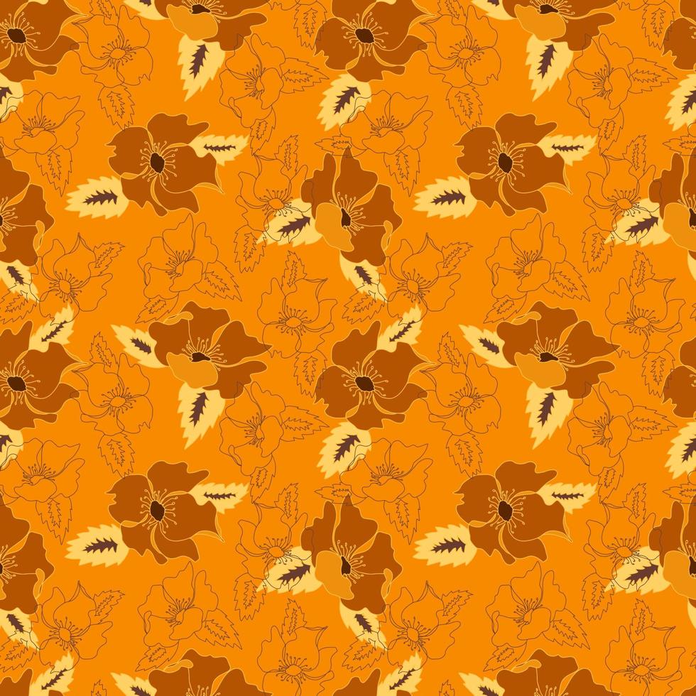 Vector seamless pattern contorno floral com folhas abertas e botões em um fundo contrastante. ilustração botânica para tecidos, têxteis, papéis de parede, papéis, planos de fundo.
