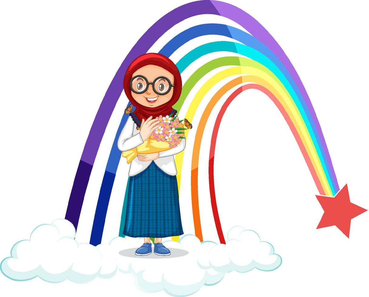 garota muçulmana segurando buquê com arco-íris vetor
