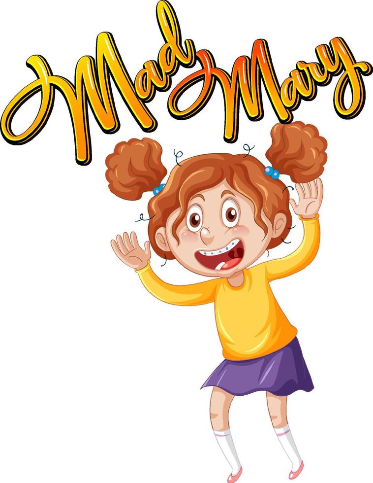 Design de texto do logotipo de mad mary com uma personagem de desenho animado de menina vetor