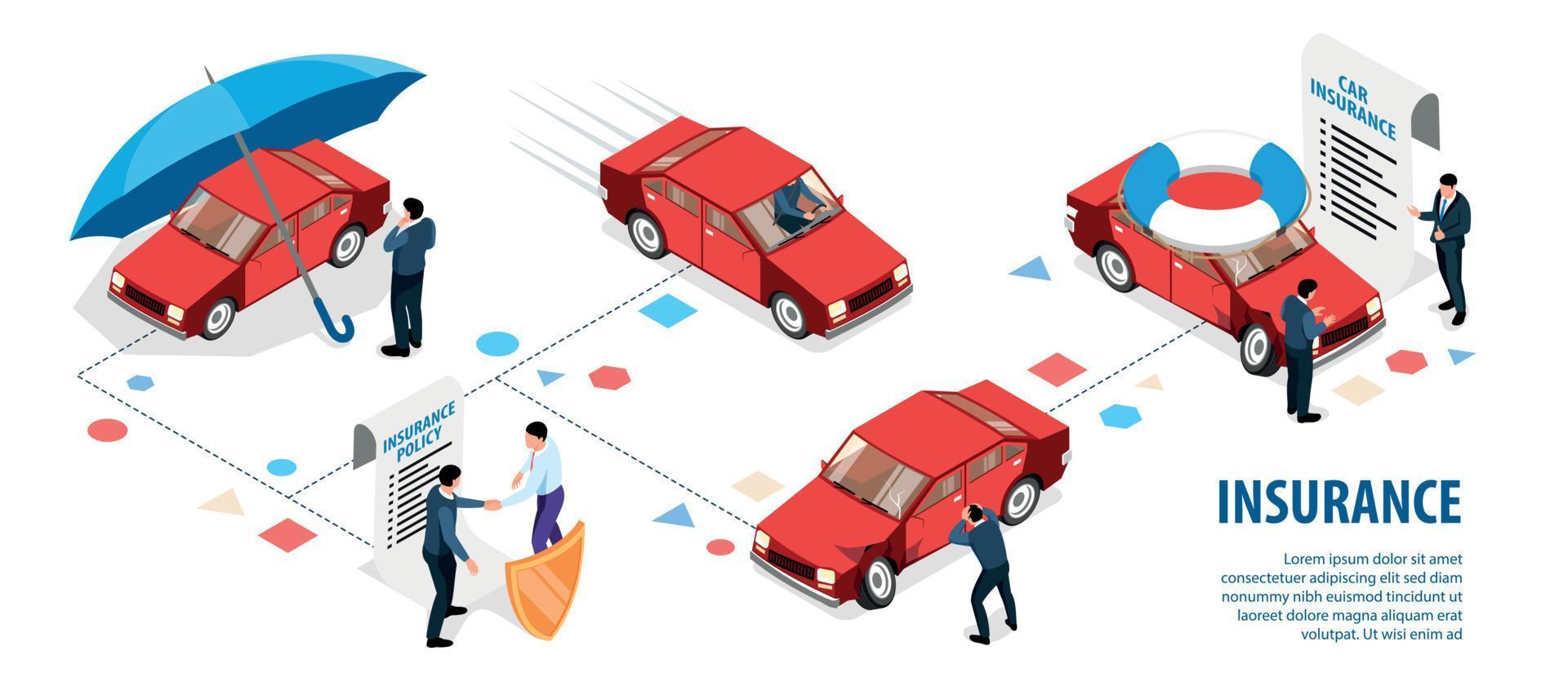 infográficos isométricos de seguro de carro vetor