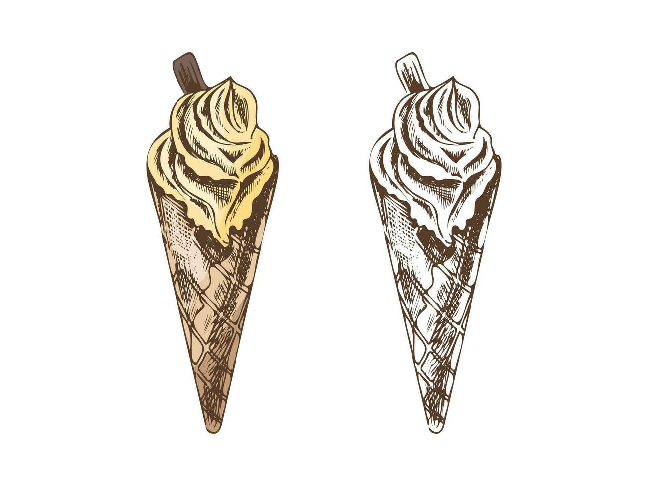 desenhado à mão colori e monocromático esboço conjunto do waffle cones com congeladas iogurte ou gelo creme com biscoitos. vintage ilustração. elemento para rótulos, embalagem e cartões postais. combinar gelo creme vetor