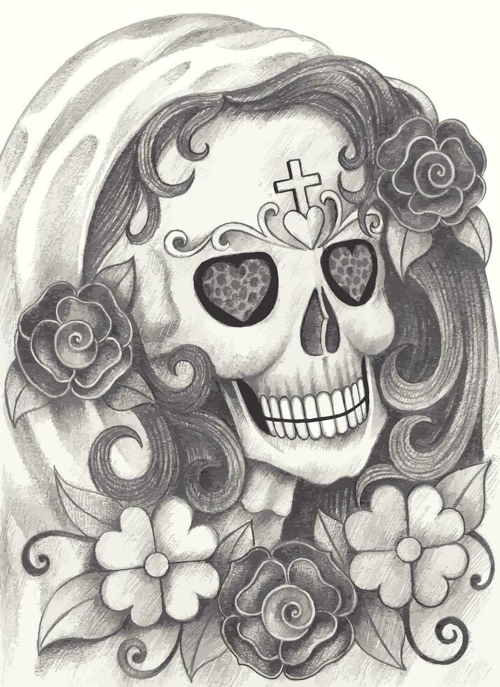 fêmea esqueleto tatuagem dia do a morto Projeto de mão desenhando em papel. vetor
