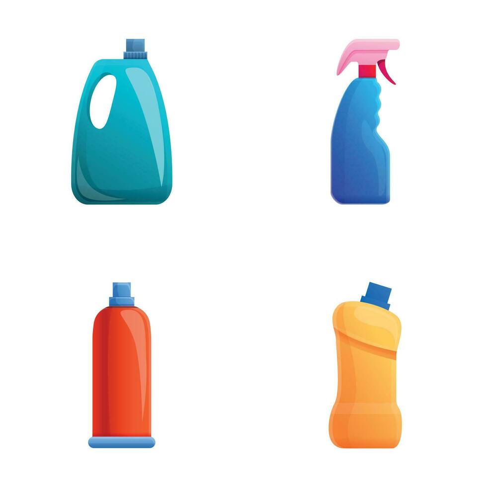 limpeza agente ícones conjunto desenho animado vetor. vários plástico detergente garrafa vetor