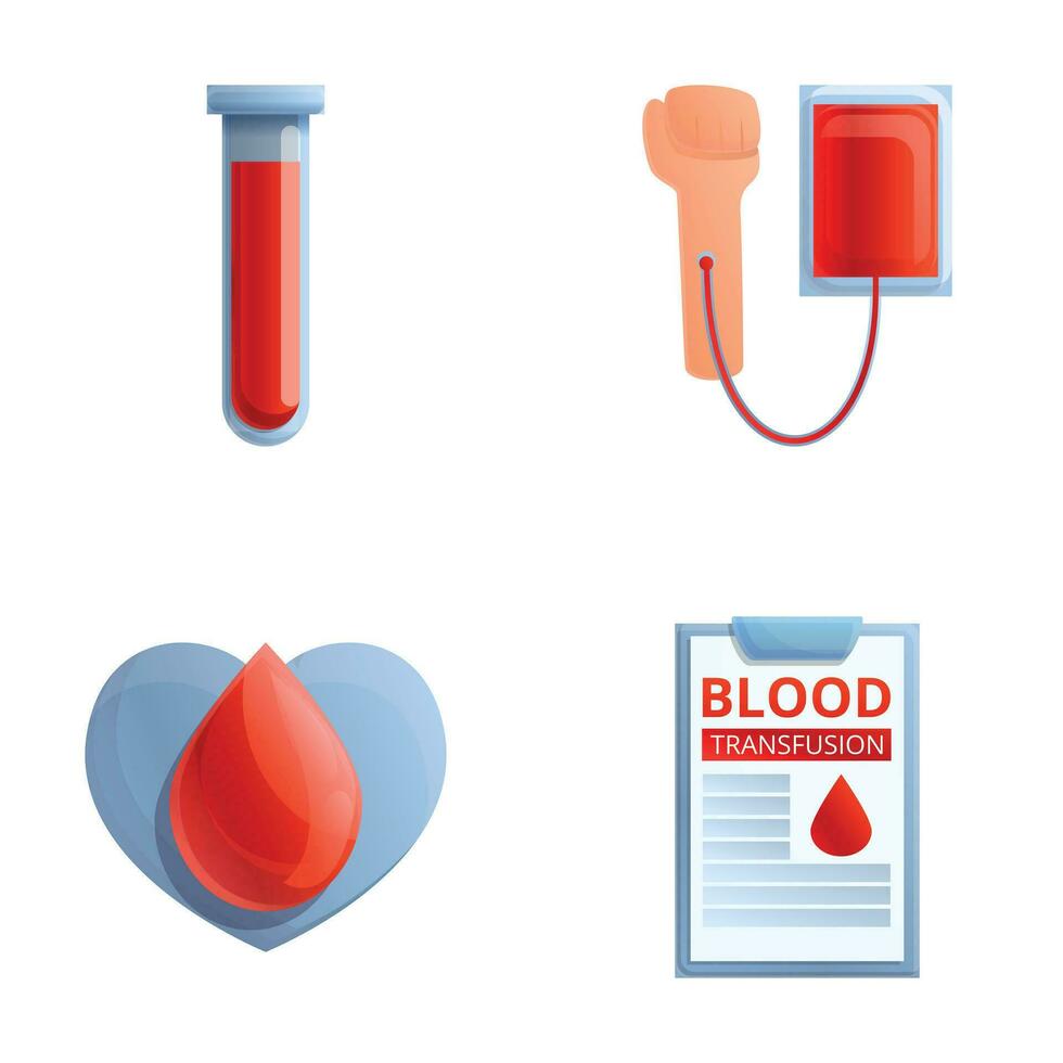 doador dia ícones conjunto desenho animado vetor. humano mão e médico sangue saco vetor