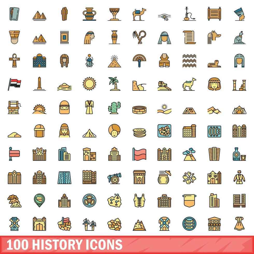 100 história ícones definir, cor linha estilo vetor