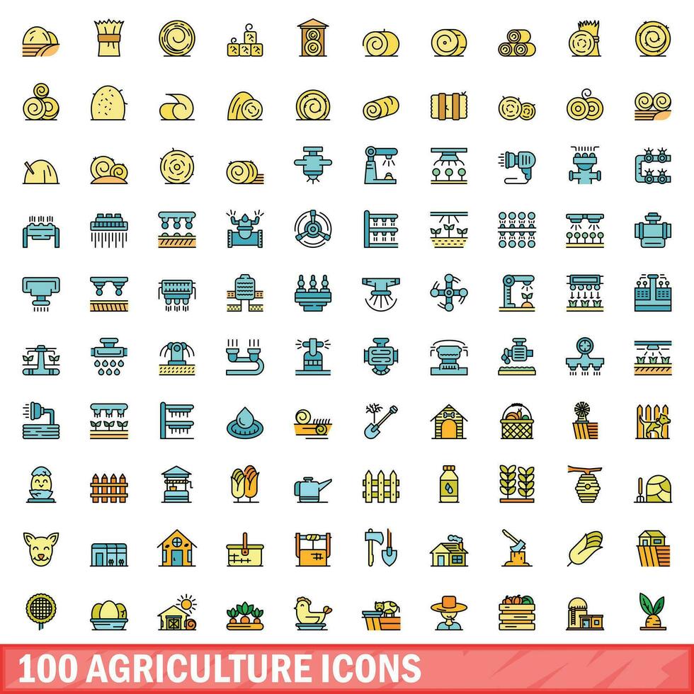 100 agricultura ícones definir, cor linha estilo vetor