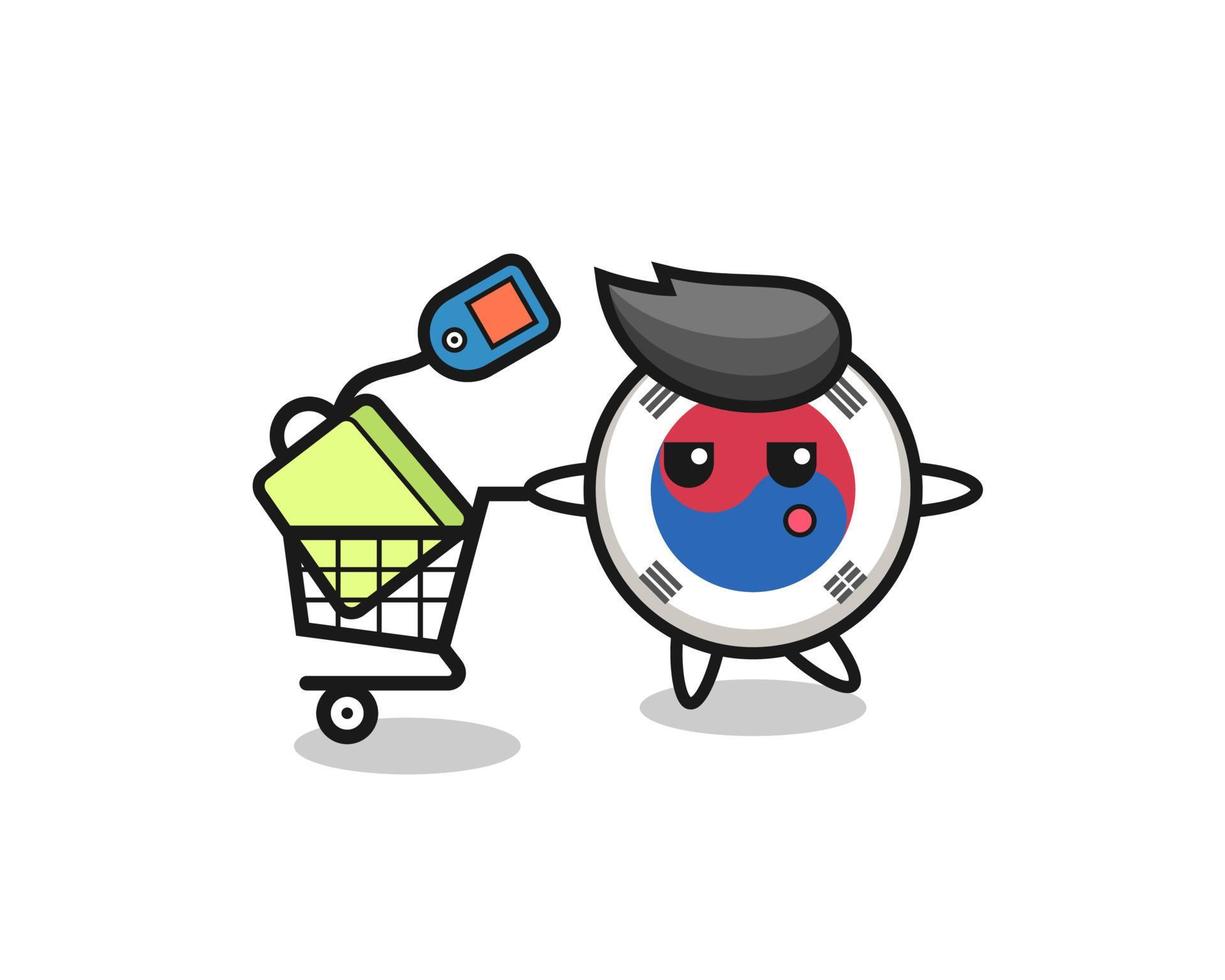 Desenho da ilustração da bandeira da Coreia do Sul com um carrinho de compras vetor