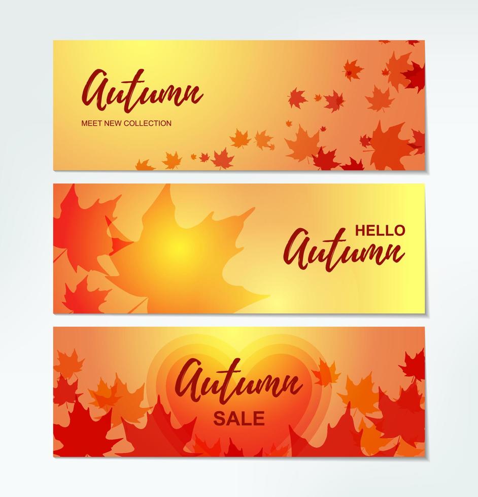 conjunto de banners horizontais de outono com folhas de plátano coloridas. lugar para texto. ilustração vetorial vetor