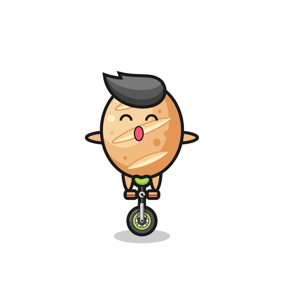 o personagem fofo do pão francês está andando de bicicleta de circo vetor