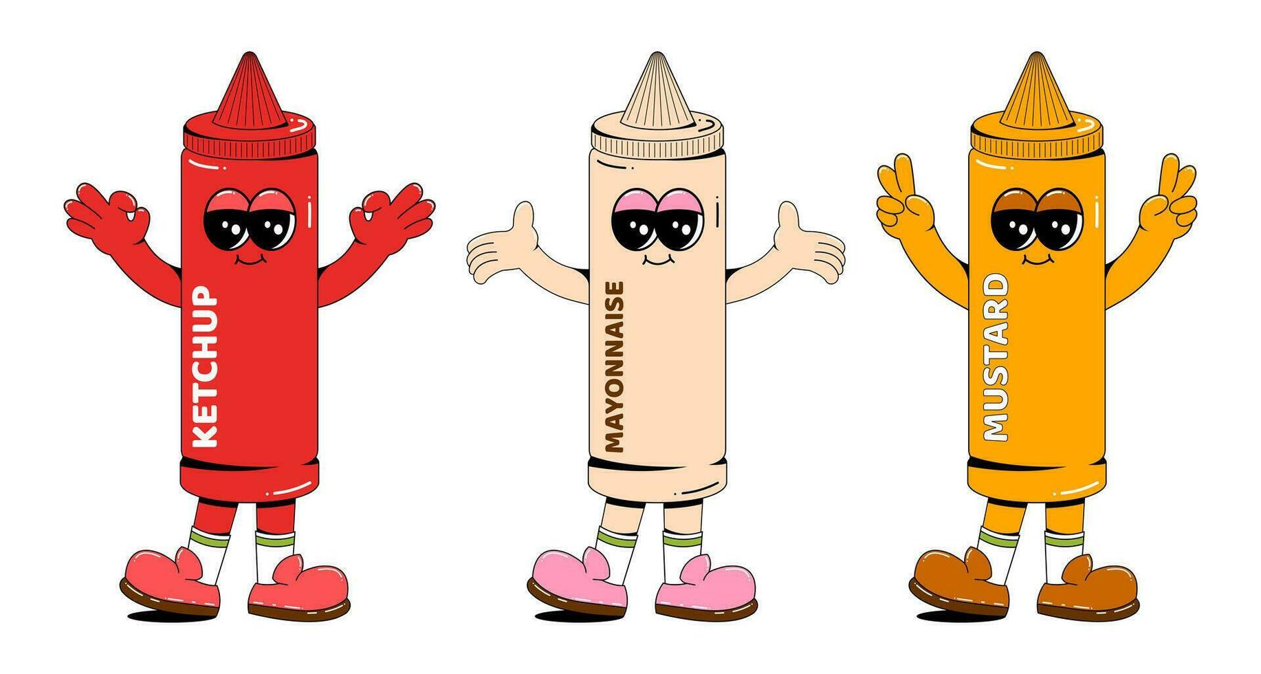 ketchup, mostarda e maionese personagem dentro retro desenho animado estilo. vetor ilustração do velozes Comida molhos em uma branco isolado fundo. uma conjunto do molhos com braços, pernas e uma alegre face.