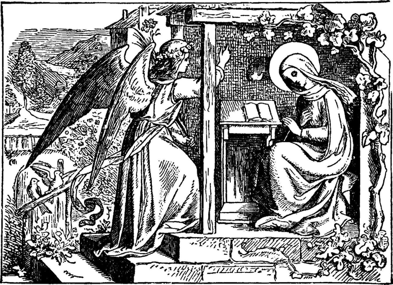 a aviso a anjo Gabriel parece para a virgem Maria vintage ilustração. vetor