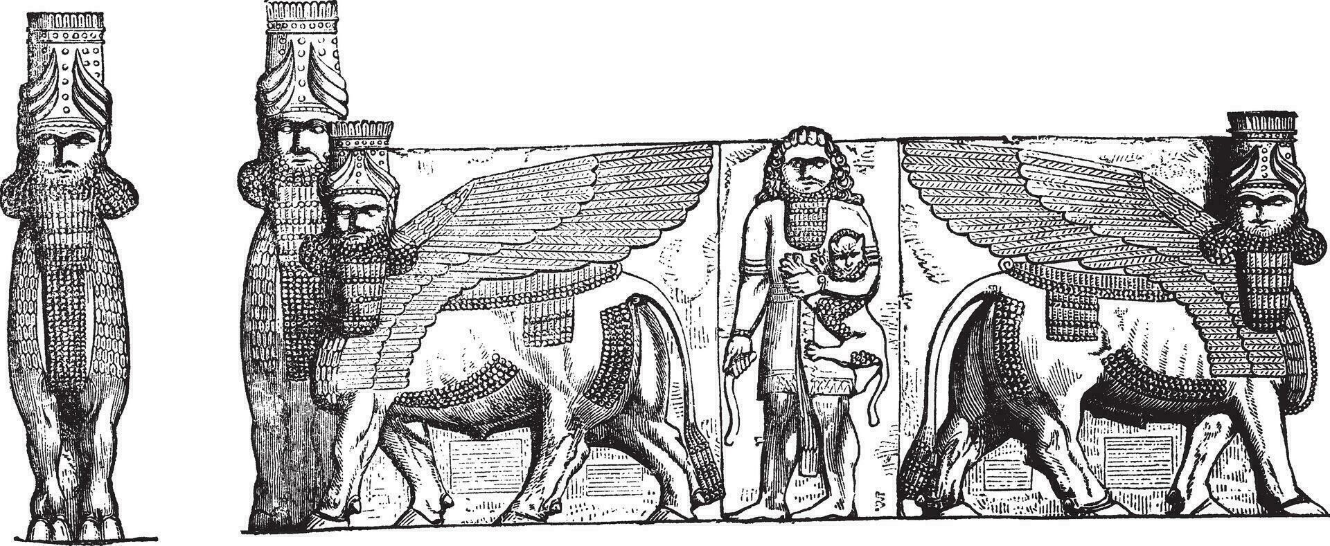 alívio esculturas às a Entrada do kuyunjik Palácio ruínas, dentro mossul, Iraque, vintage gravado ilustração vetor